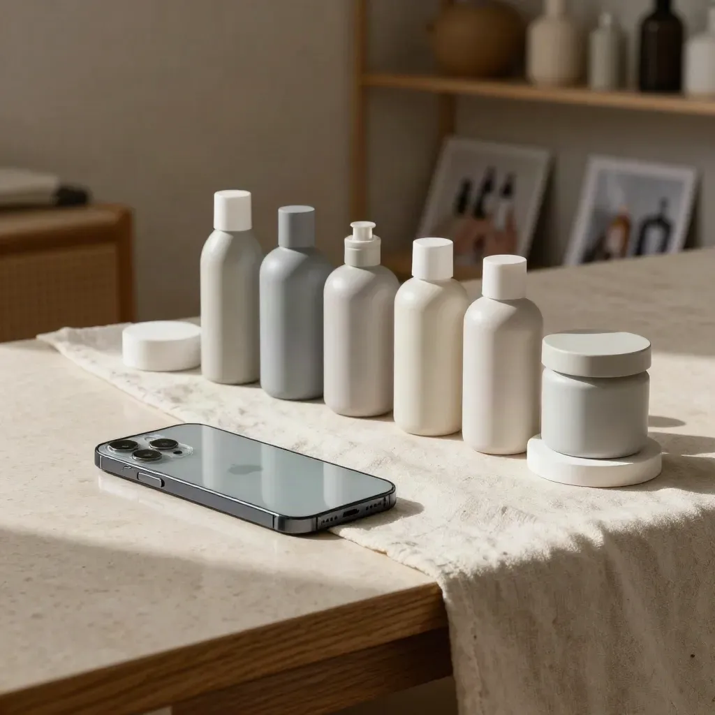 Smartphone capovolto, bottiglie neutre e blocchi bianchi su travertino vicino alla finestra