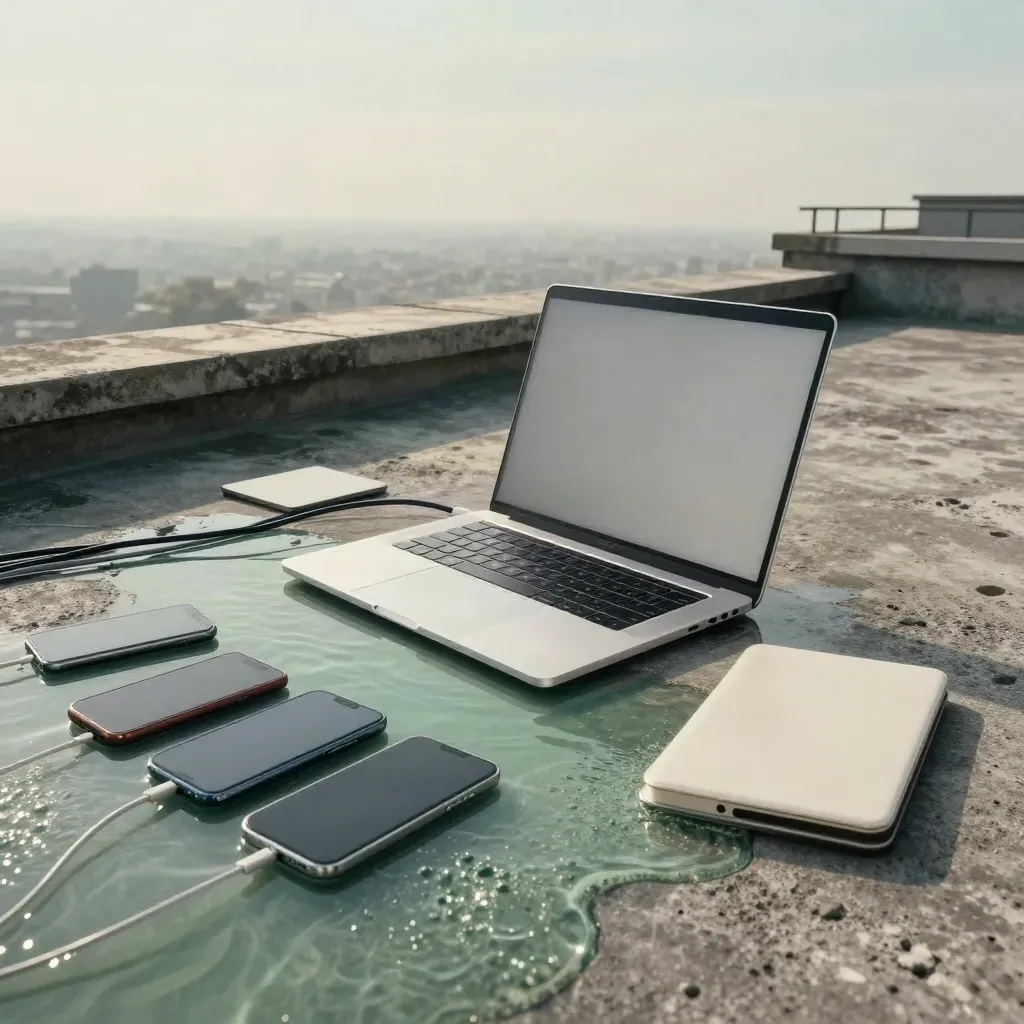 Terrazza bagnata con laptop chiuso, smartphone impilati e cavi, illuminata dalla prima luce dopo il temporale.