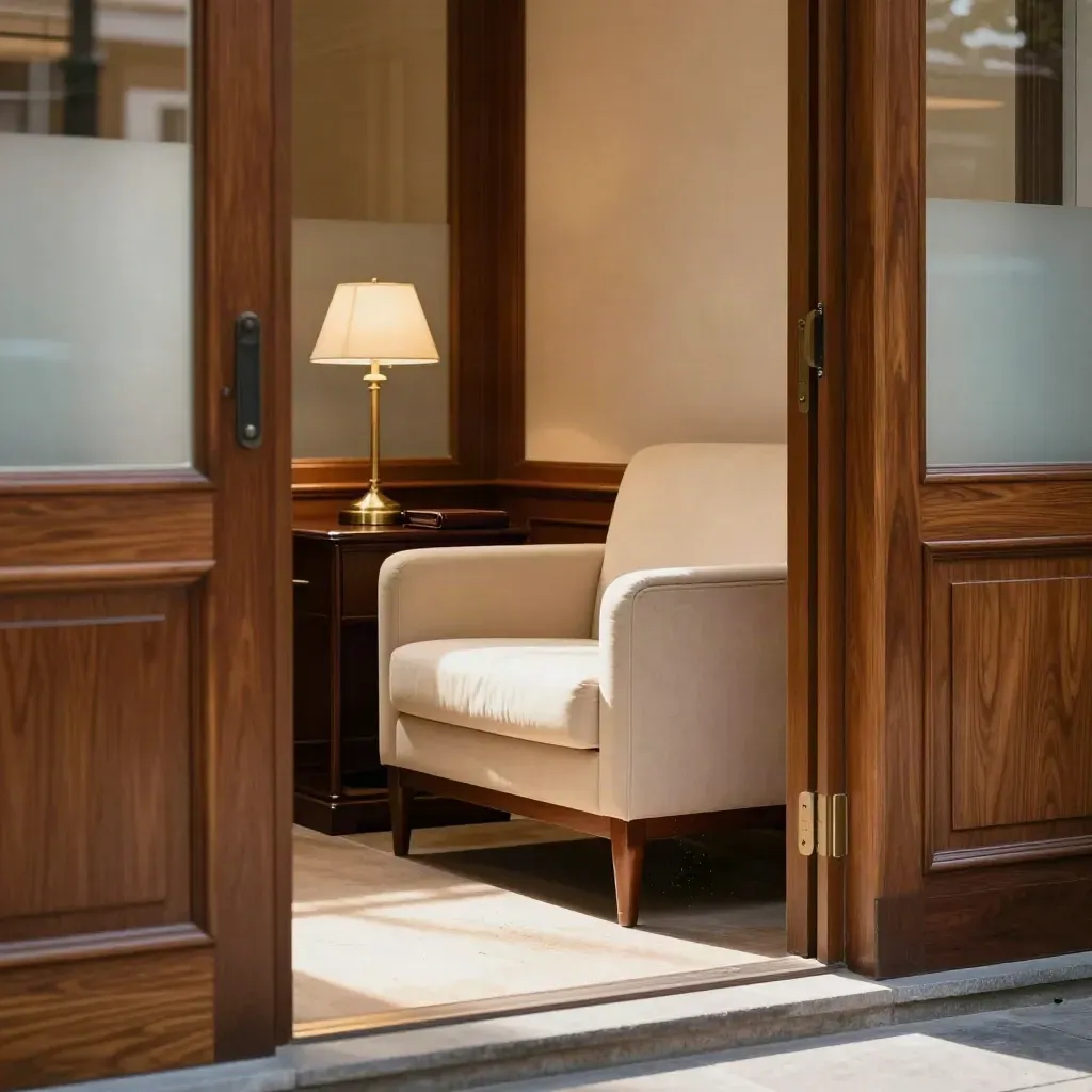Ingresso elegante di studio legale con lampada in ottone, cartella in pelle e poltrona d’attesa.