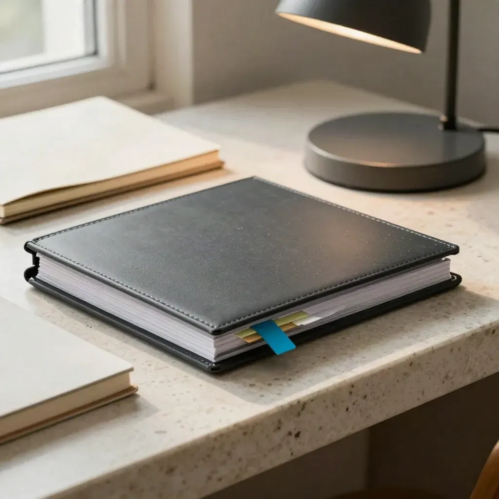 Planner editoriale chiuso con tab blu e quaderno opaco su base lampada grafite.