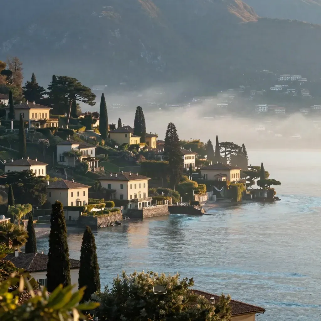 Lago di Como all’alba nella nebbia, ville e cipressi alte sul lago con montagne sullo sfondo.