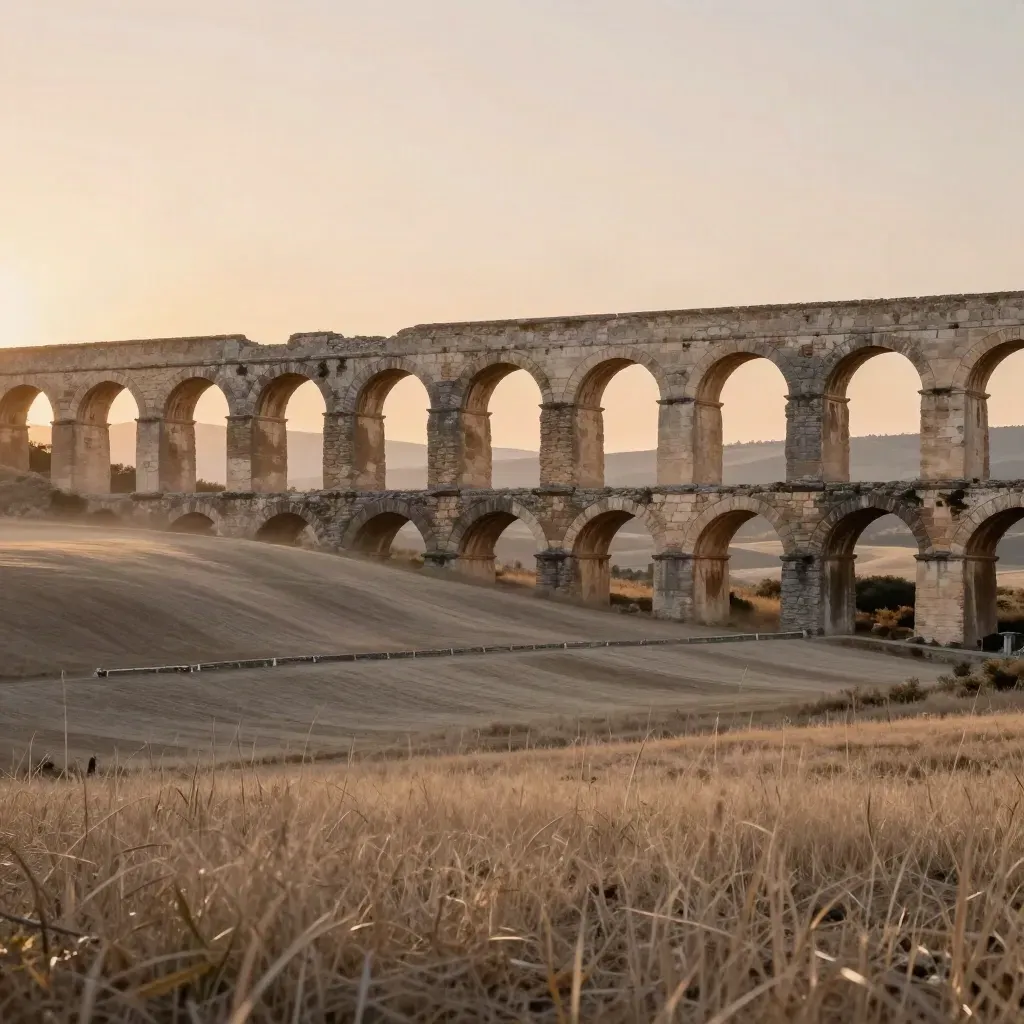 Antichi acquedotti del Lazio al tramonto sopra la campagna romana, cielo pesca e luce dorata.