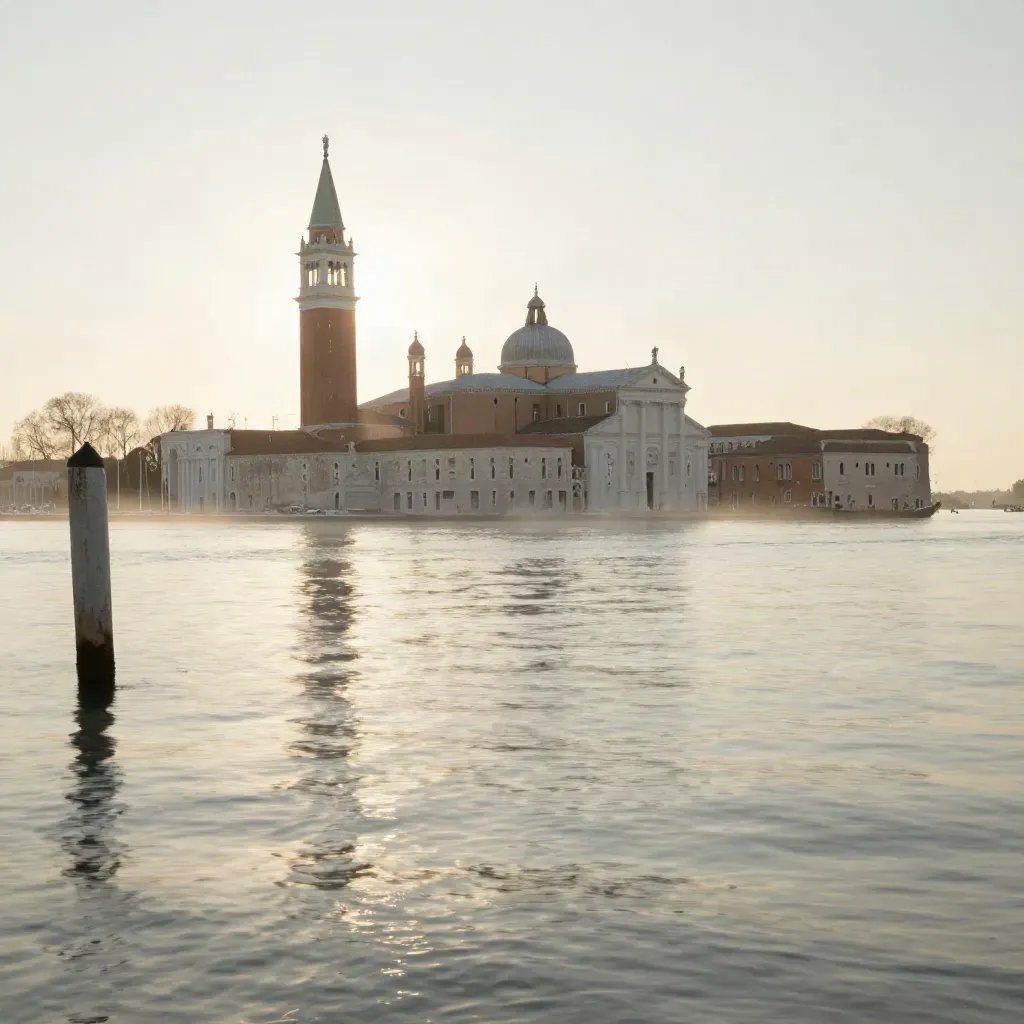 Laguna veneta al tramonto con campanile alto e cupole sopra acqua calma e foschia
